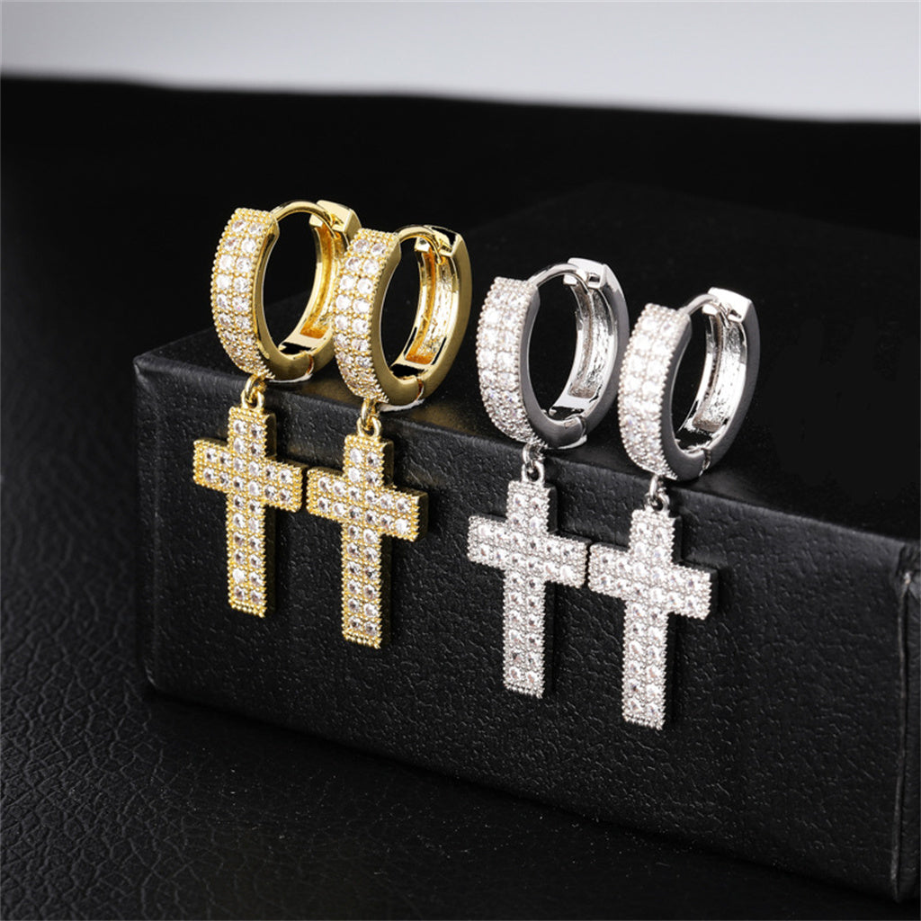 18K Gold Plated CZ Zircon Cross Earrings