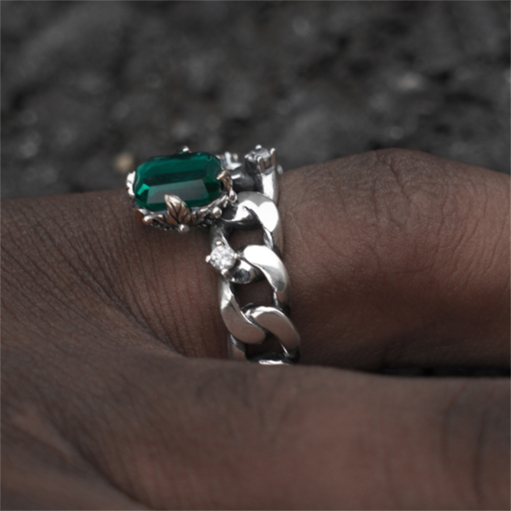 925 Silver Cuban Chain Emerald Ring