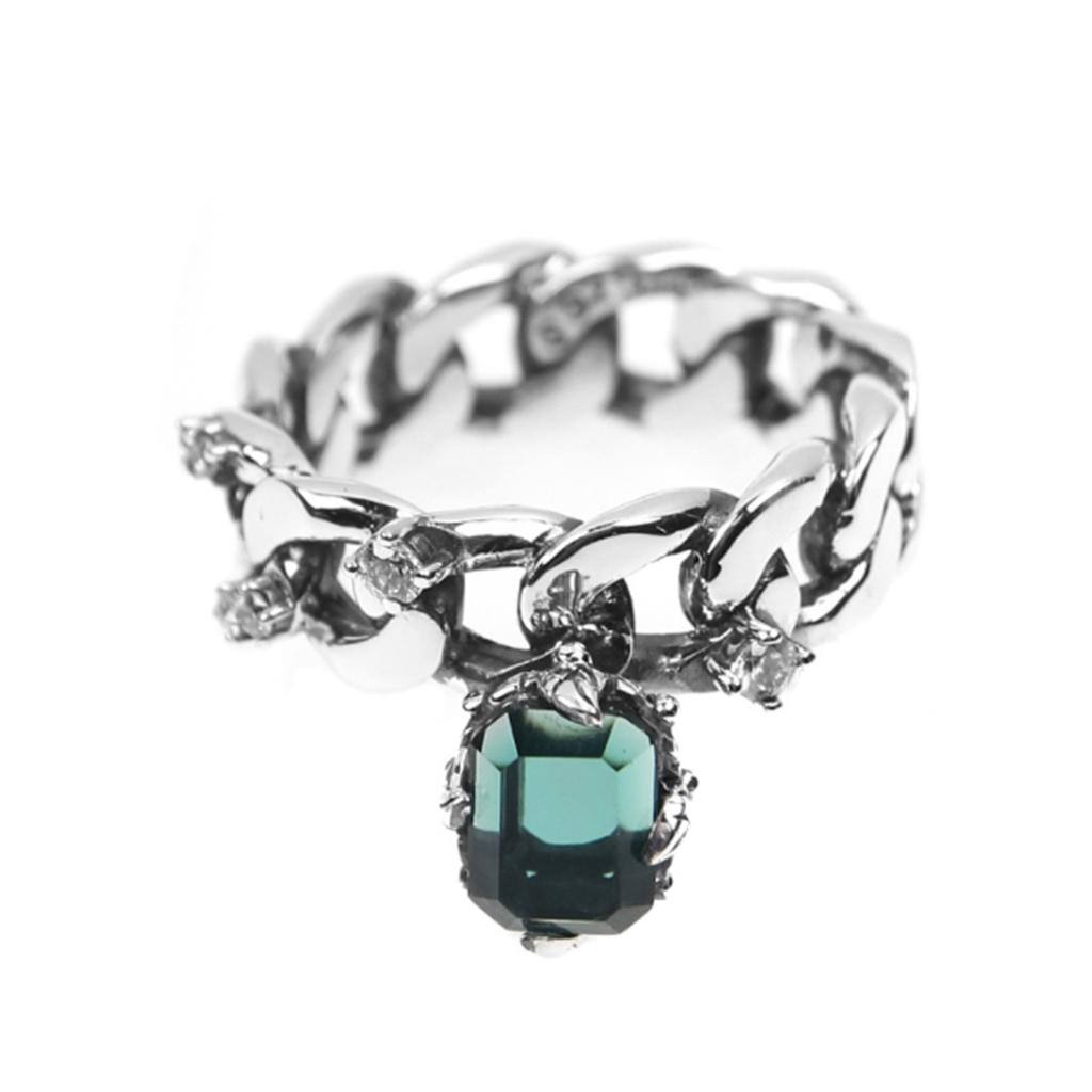 925 Silver Cuban Chain Emerald Ring