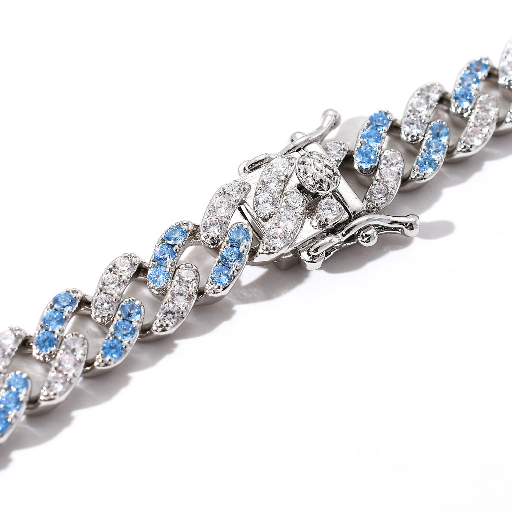 9MM Blue and white zircon Iced Out Cuban Link Bracelet Necklace Chain