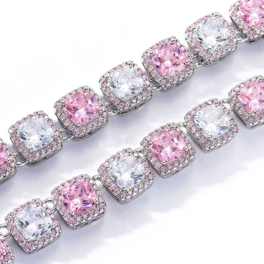 10MM White Pink Square Zircon Tennis Necklace Bracelet Sets
